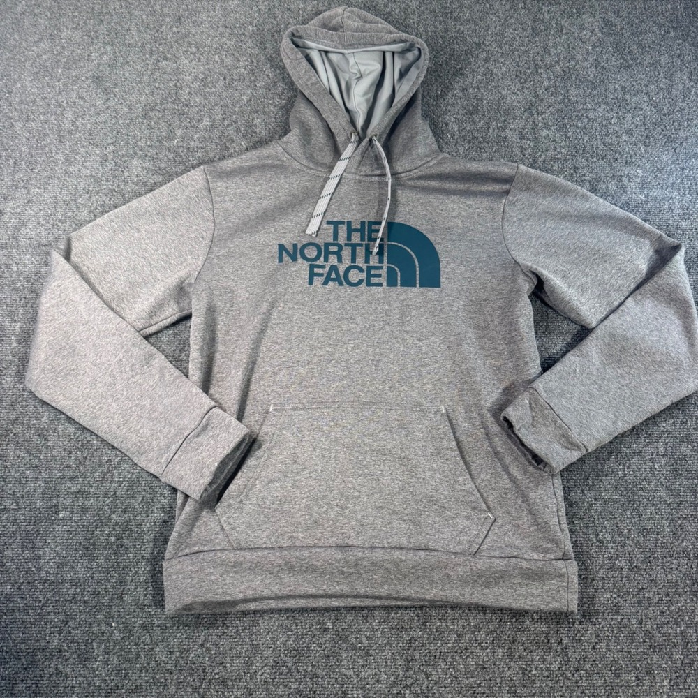 The North Face Mens Hoodie Grey Teal Blue Logo Pullover S S/P Performance Fleece